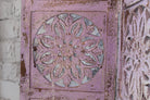 Hand-carved violet mango wood folding room divider with delicate carved patterns, natural variations, and warm boho style for unique interiors.