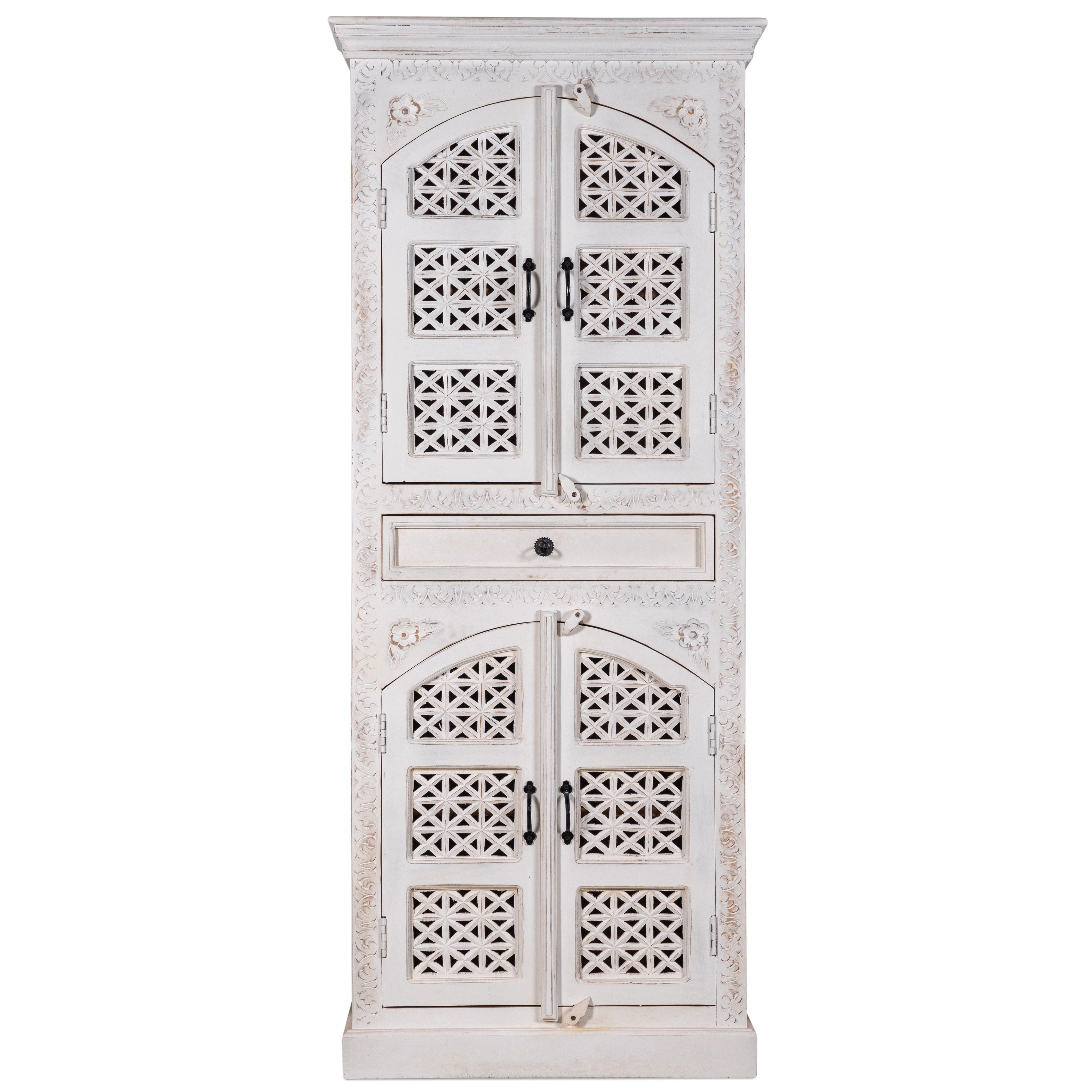 White background image of a Aesha white washed mango wood cabinet with Oriental hand carved doors 180cm