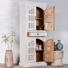 Sde angle image with open doors of a Aesha white washed mango wood cabinet with Oriental hand carved doors 180cm