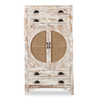 White background image of a Ahalya handcrafted solid mango wood cabinet with hand-carved floral doors, natural rattan inserts, four drawers, two storage compartments, and Mediterranean-inspired design, 148cm.