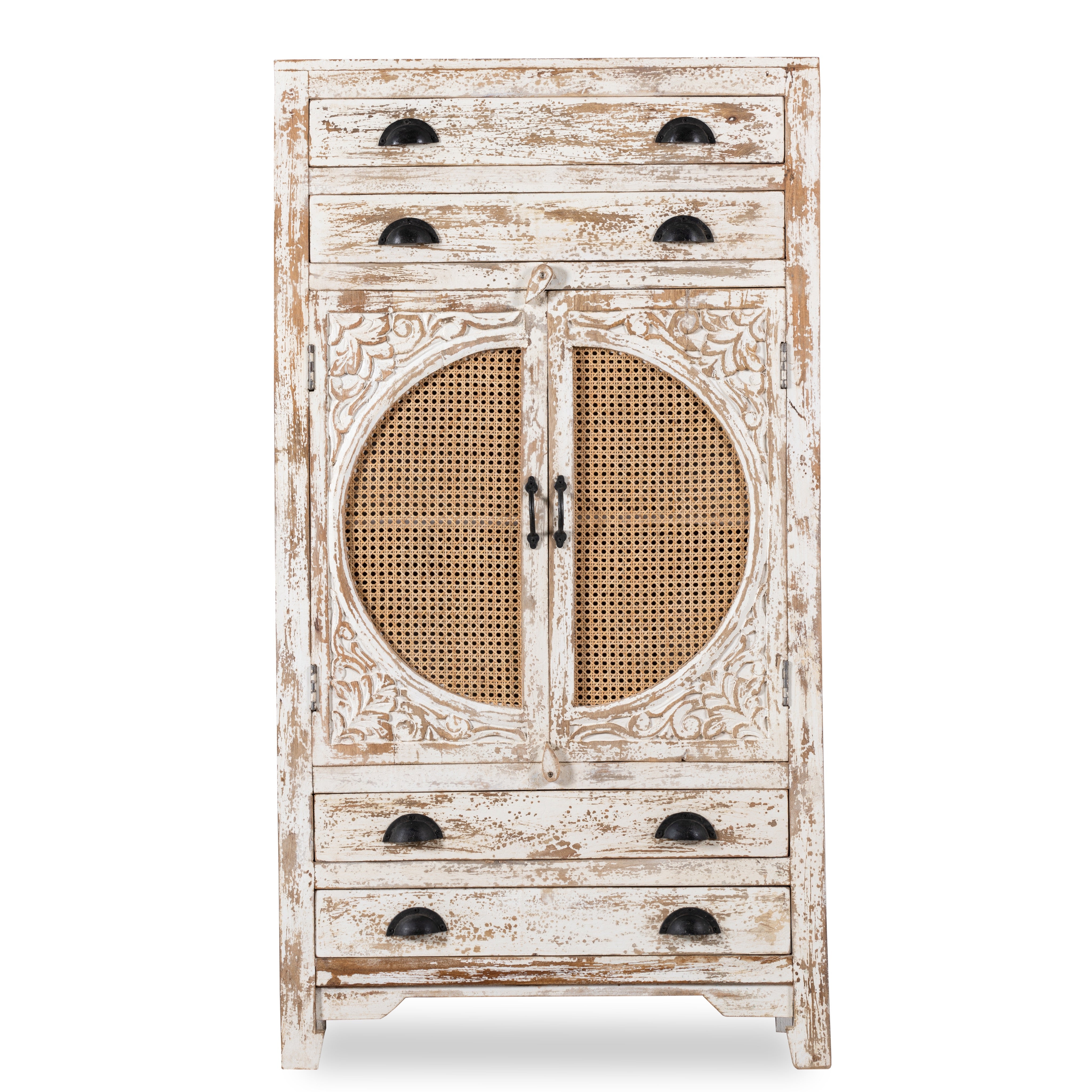White background image of a Ahalya handcrafted solid mango wood cabinet with hand-carved floral doors, natural rattan inserts, four drawers, two storage compartments, and Mediterranean-inspired design, 148cm.
