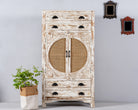 Ahalya handcrafted solid mango wood cabinet with hand-carved floral doors, natural rattan inserts, four drawers, two storage compartments, and Mediterranean-inspired design, 148cm.
