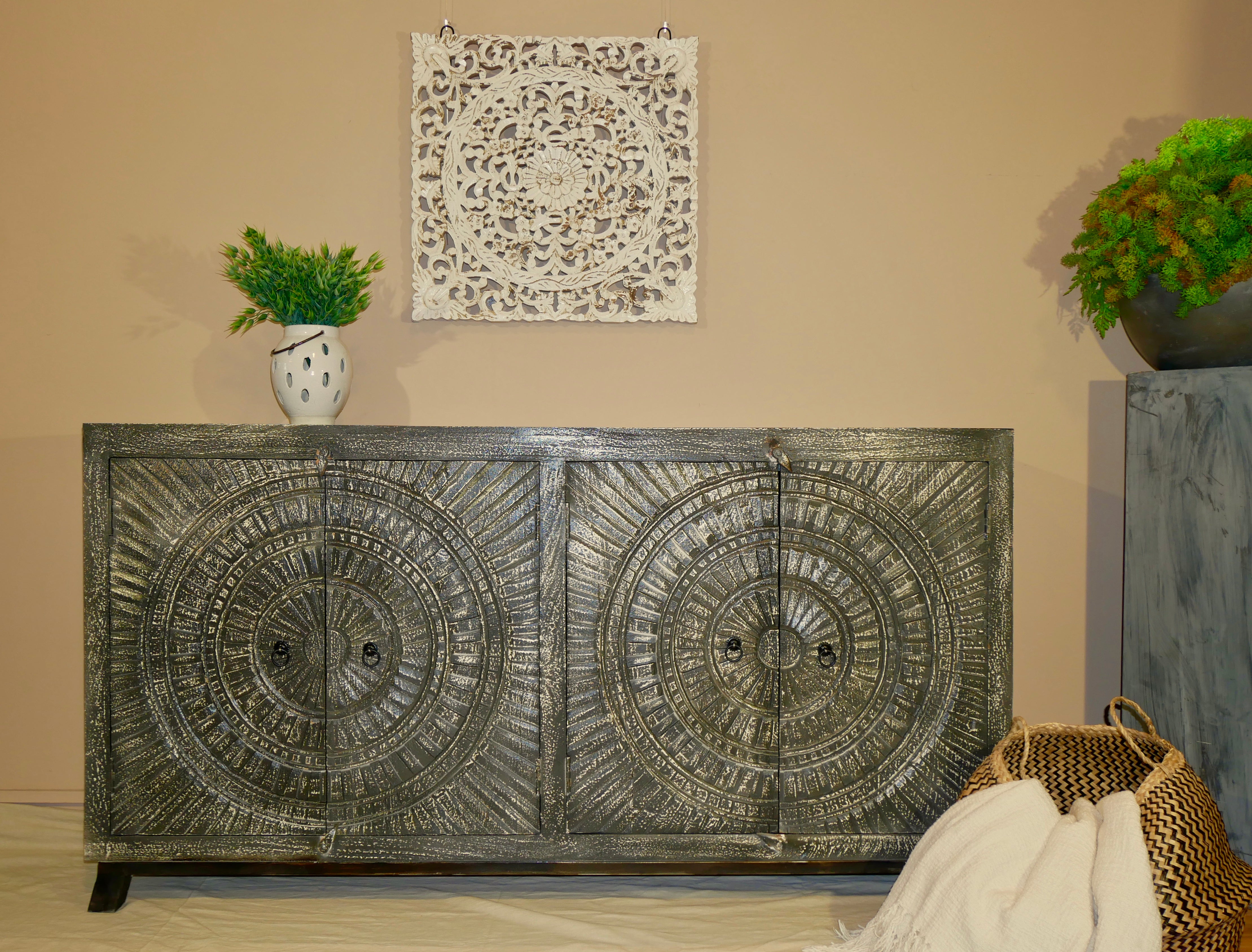 Handcrafted carved wood sideboard made from mango wood with Indian motifs; ideal living room furniture, 170 × 90 × 40 cm.