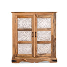 White background image of a carved sideboard / bedroom furniture in mango wood with white-washed floral engravings, 90 × 40 × 100 cm.