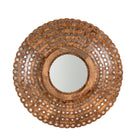 White background image of a round mango wood mirror Babra with concentric carved design and mirror inlays. A piece of unique wall decor combining artisanal craftsmanship and rustic bohemian charm.