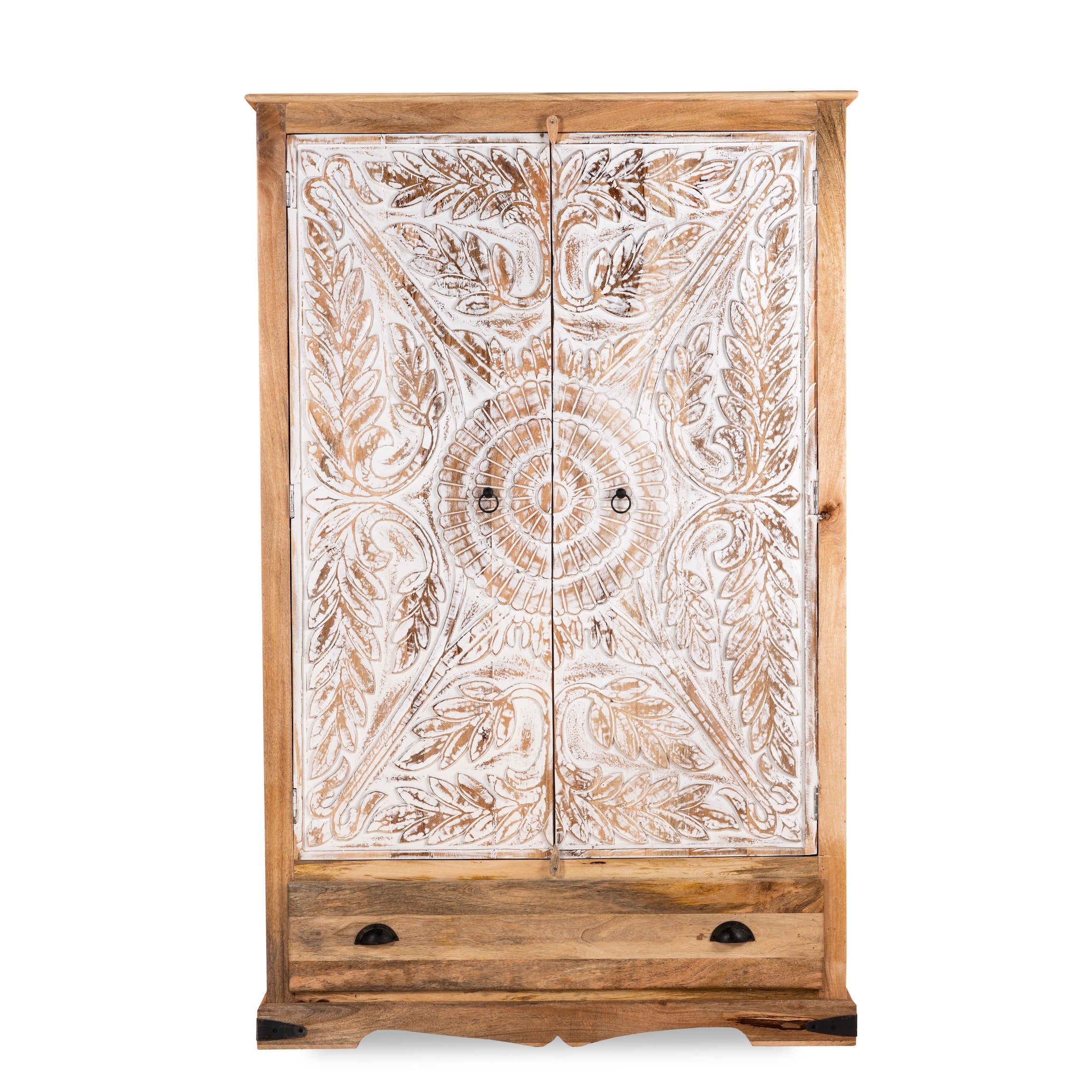 White background image of a Cheyyur handcrafted solid mango wood wardrobe with hand-carved whitewashed doors, large storage drawer, traditional Indian detailing, and natural wood grain, 190cm.