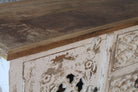 Close up image of a Deepit hand carved whitewashed mango wood sideboard with oriental carved front 150cm