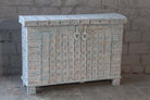 Antique Indian chest in blue with brass fittings – solid teak iron fitted wooden chest ideal for storing blankets, pillows, or decorative use.
