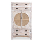 White background image of a handcrafted mango wood cabinet with rattan doors and carvings, living room furniture in whitewashed finish, 80 × 148 × 40 cm.