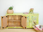 Image showing open doors of a Green Star hand carved mango wood sideboard with floral carvings and mirrored glass doors 180cm