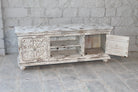 Image showing open doors of a Harsh hand carved mango wood TV unit with Indian carved doors 150cm