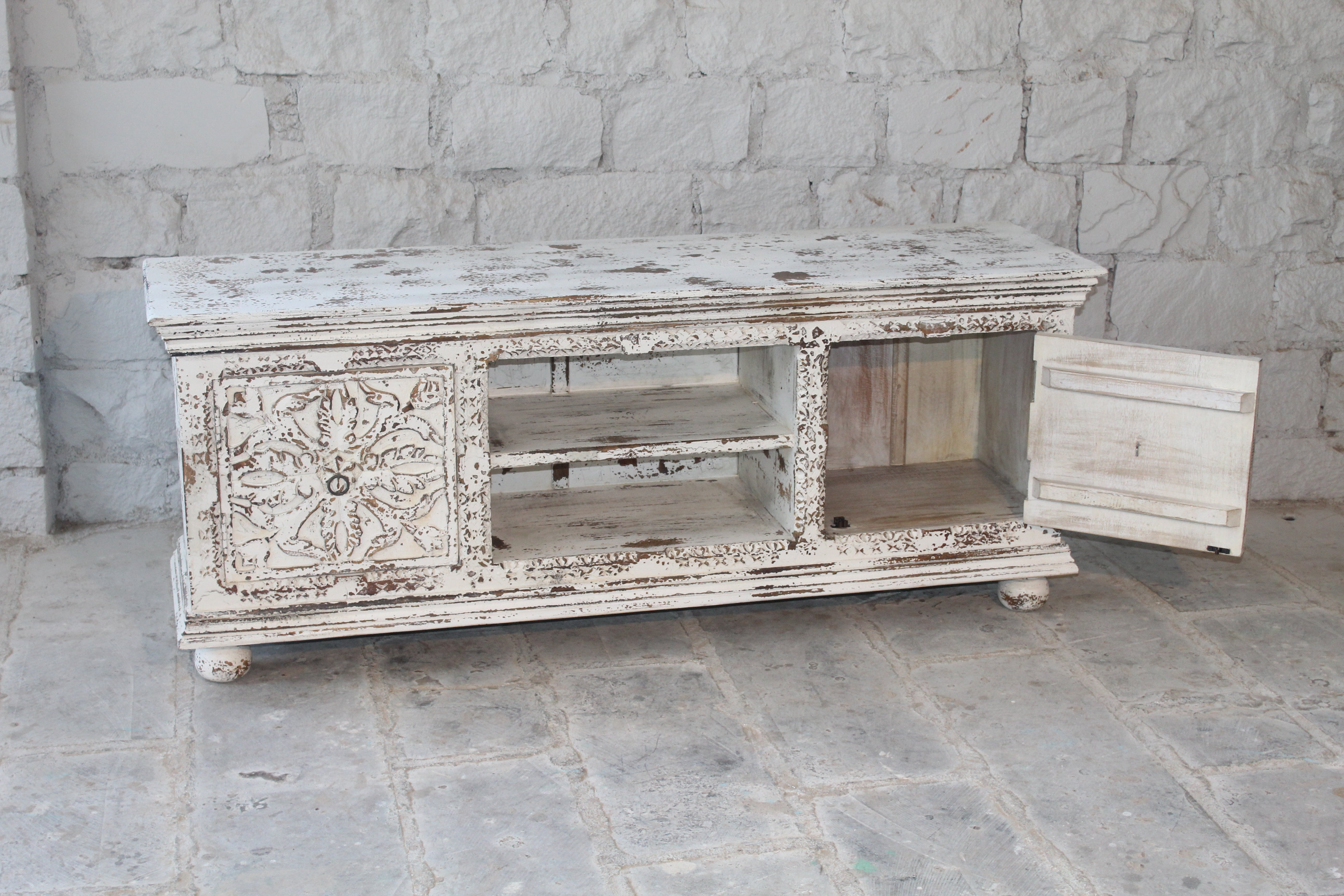 Image showing open doors of a Harsh hand carved mango wood TV unit with Indian carved doors 150cm