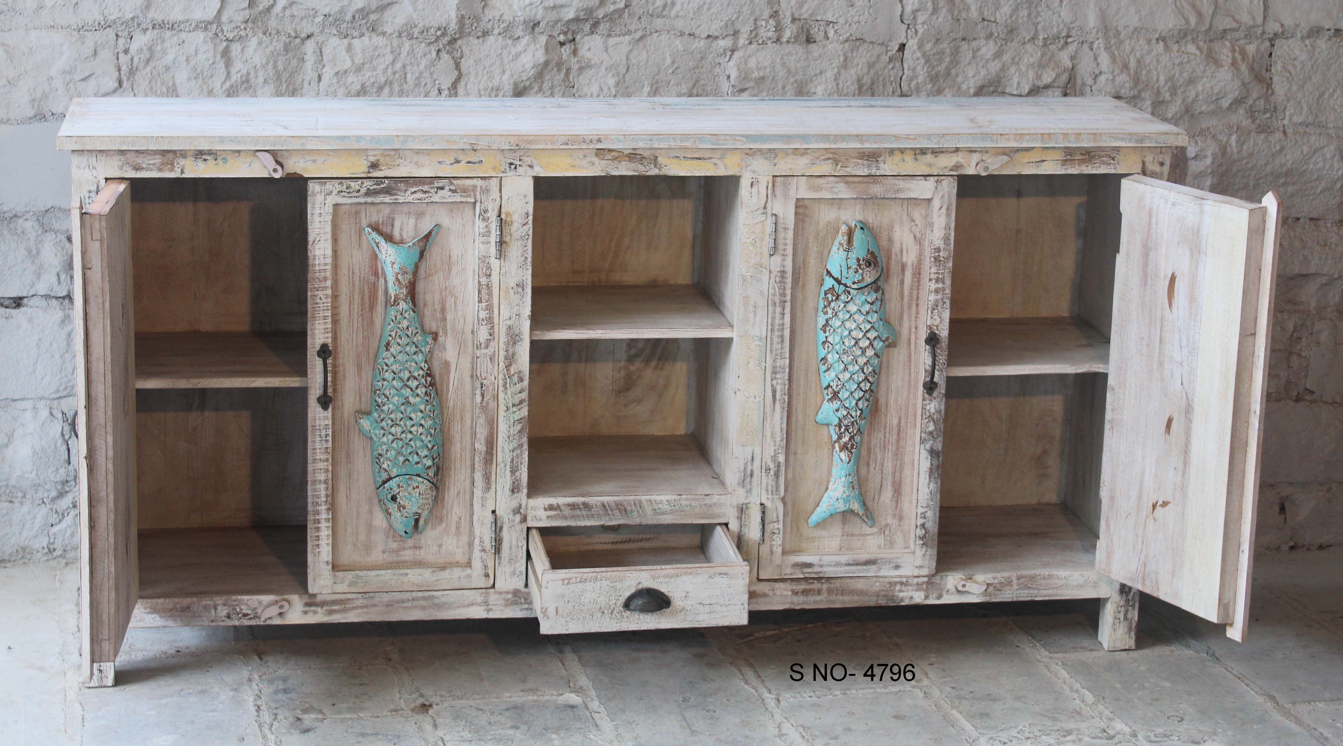 Jhund hand carved mango wood sideboard with blue fish motif doors 184cm