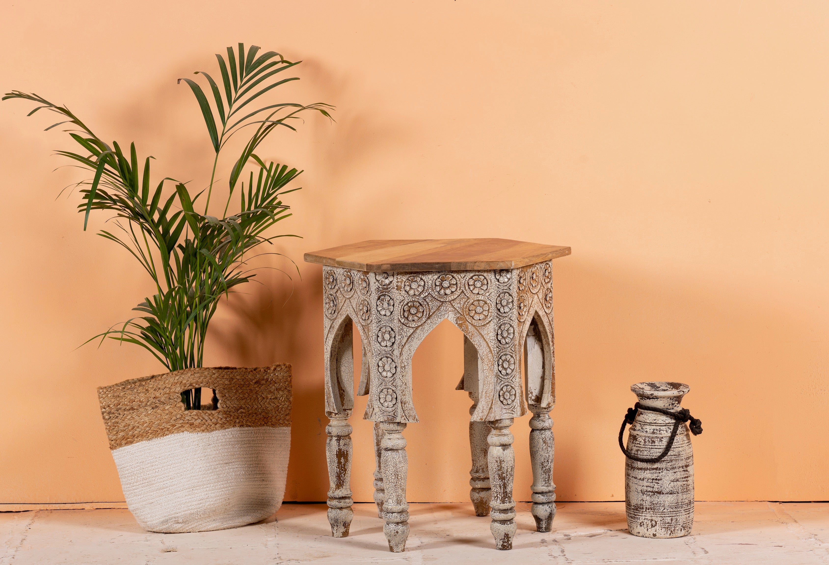 Hand carved mango wood coffee table with floral pattern, striking layered colour and vintage charm. A unique wooden accent for your home.