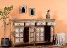 Open door image of a hand-carved mango wood sideboard with whitewashed floral details; perfect as living room furniture or mango wood furniture for vintage interiors, 180 × 100 × 40 cm.