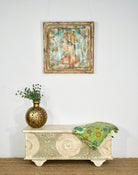 Hand-carved mango wood vintage chest with whitewashed finish and iron fittings – elegant storage for bohemian or rustic interiors.