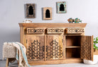 Side angle image with open doors of a Hand-carved mango wood sideboard Kaveri with 6 compartments and 3 drawers, oriental-inspired mango wood furniture, 150 × 90 × 40 cm.