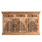 White background image of a hand-carved mango wood sideboard Kaveri with 6 compartments and 3 drawers, oriental-inspired mango wood furniture, 150 × 90 × 40 cm.