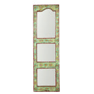 White background image of a painted wooden mirror Keshod made from recycled teak wood with hand-painted detailing. A sustainable furniture piece perfect for boho chic living room decor.