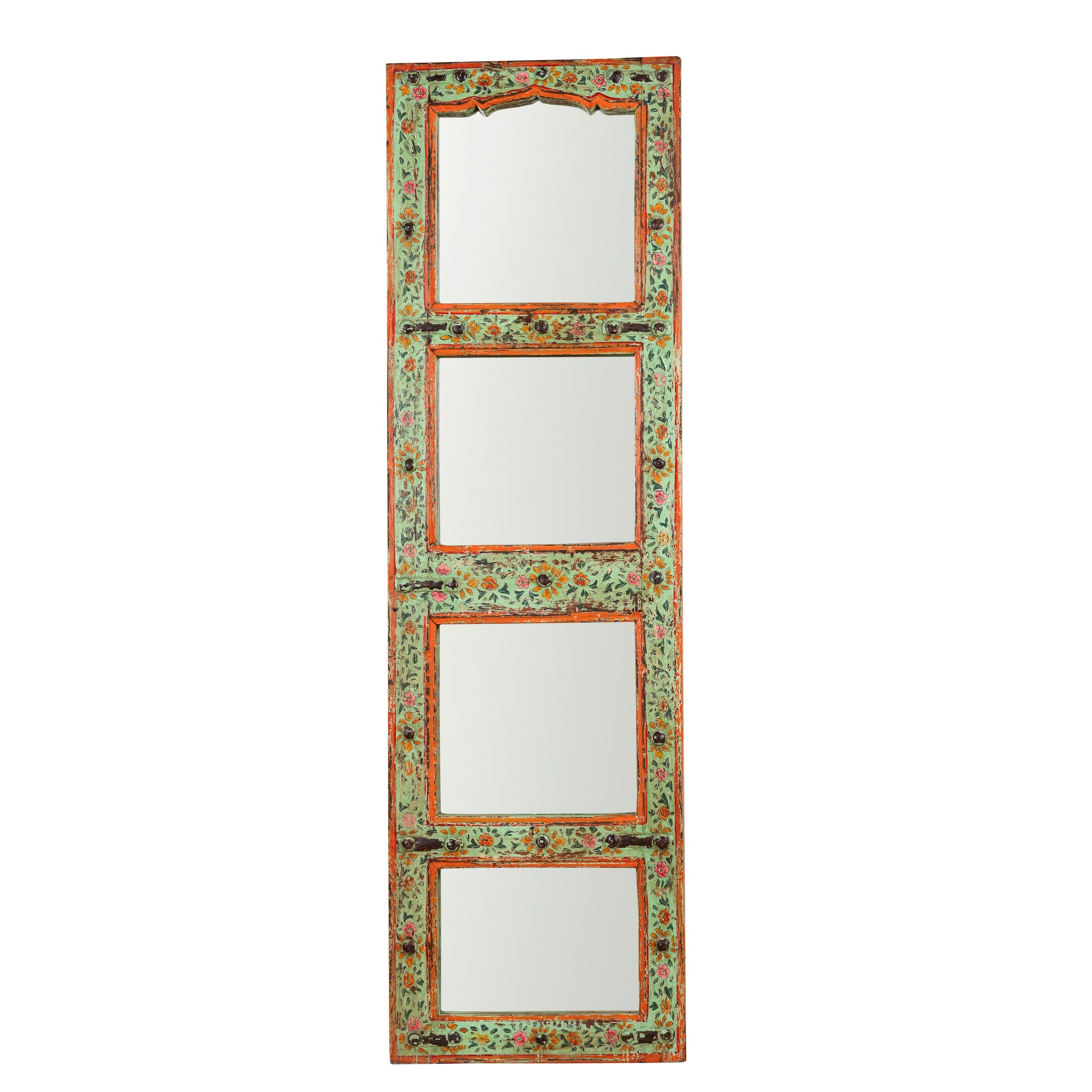 White background image of a Lalpur hand painted mirror made from a recycled teak wood furniture door, 180x53cm