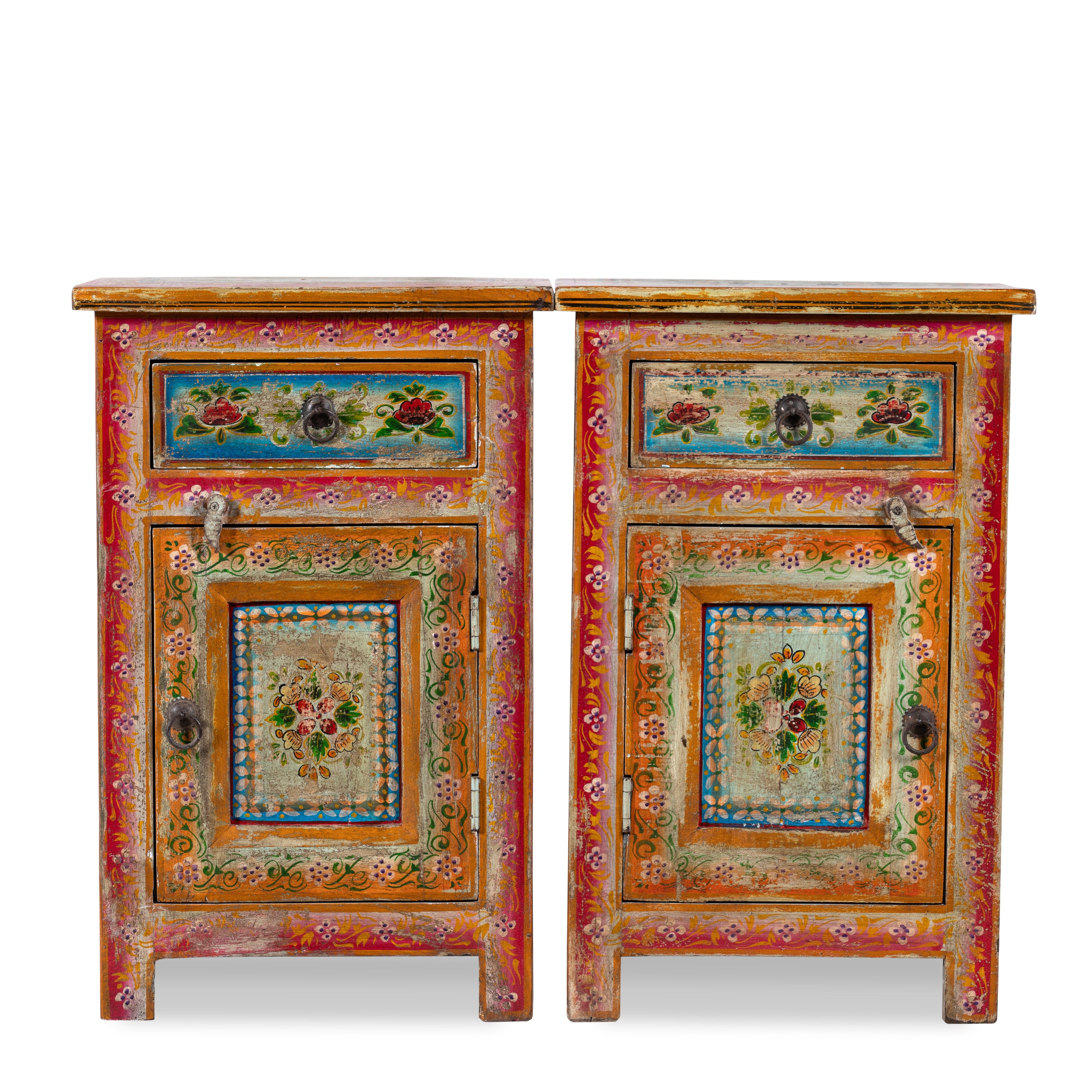 White background image of a set of two hand painted bedside tables with floral motifs; sustainable furniture made of recycled wood, 45 × 35 × 70 cm.