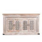 White background image of a Rajula handcrafted solid mango wood sideboard with hand-carved floral doors, whitewashed finish, four spacious storage compartments, and traditional Indian craftsmanship, 180cm.