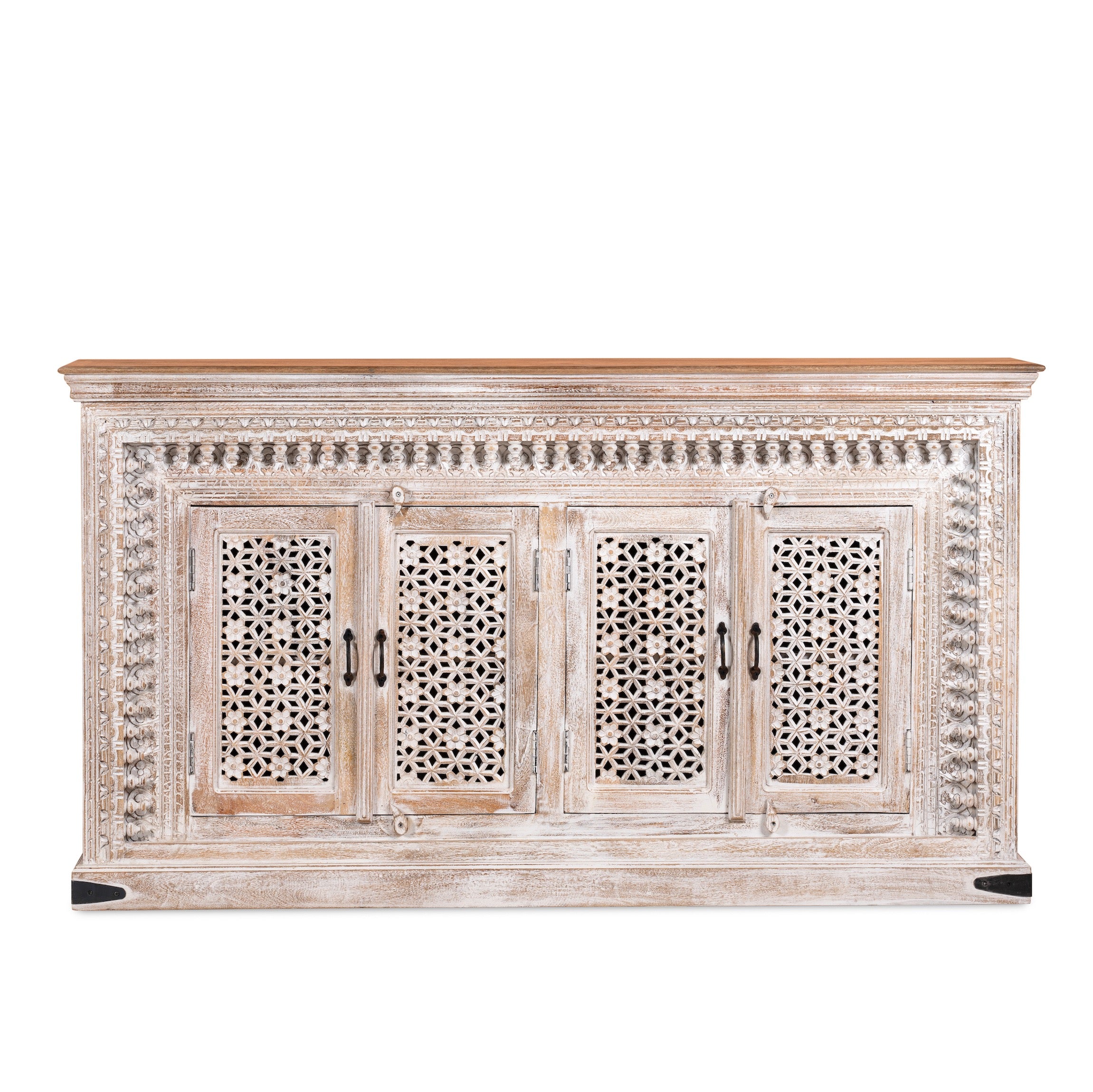 White background image of a Rajula handcrafted solid mango wood sideboard with hand-carved floral doors, whitewashed finish, four spacious storage compartments, and traditional Indian craftsmanship, 180cm.