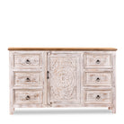 White background image of a handcrafted mango wood sideboard with carved floral motifs, whitewashed base and natural top; perfect for vintage home decor and living room furniture, 150 × 40 × 90 cm.
