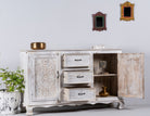 Open door image of a mediterranean-style carved sideboard in solid mango wood with floral motifs and elegant legs; ideal for vintage home decor, 150 × 90 × 40 cm.