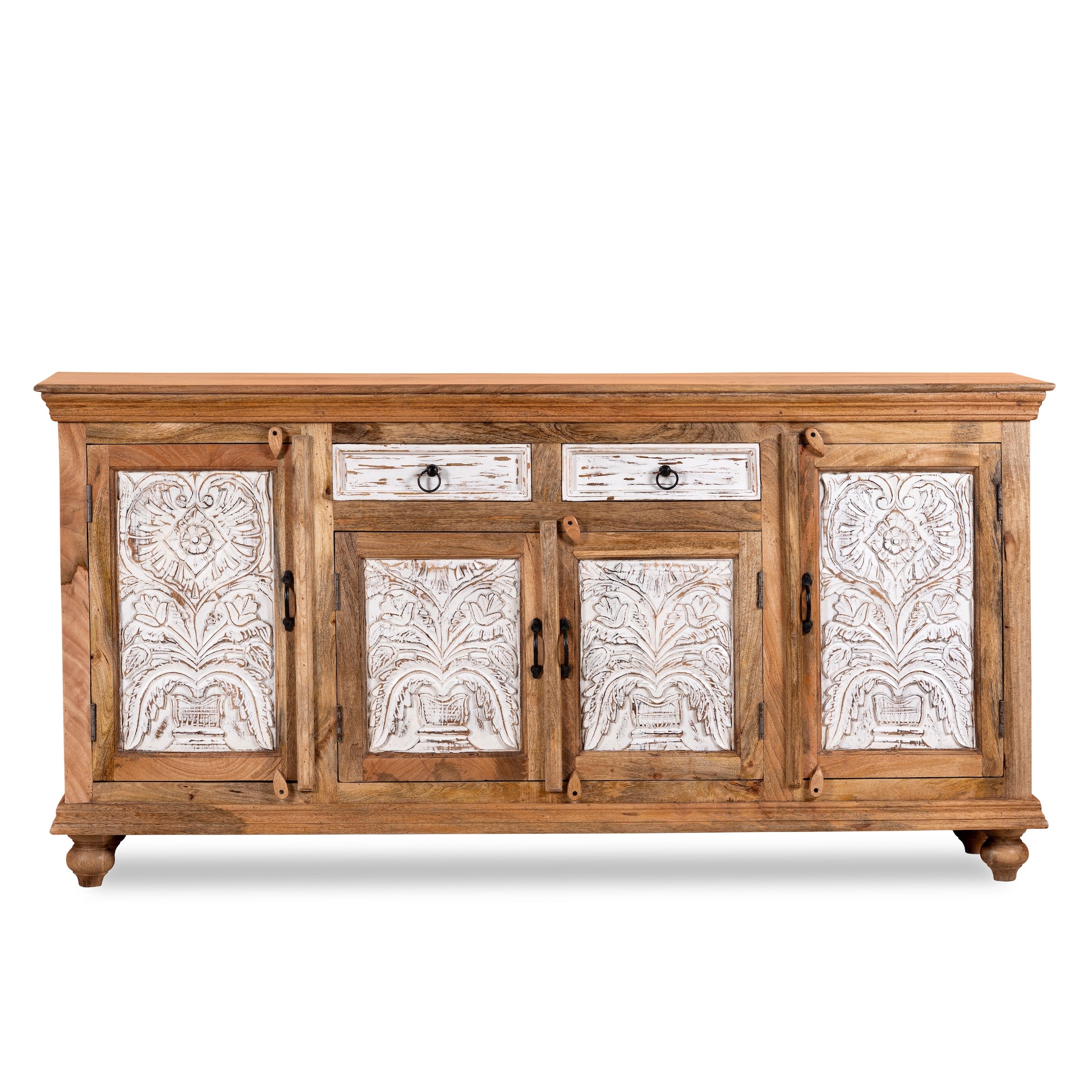 White background image of a Talaja handcrafted solid mango wood sideboard with intricately hand-carved doors, natural wood grain, traditional Indian patterns, and spacious storage, 180cm.