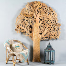 Hand-carved mango wood wall panel with tree and bird motifs, vintage wall panels for boho chic living room, 180 × 150 × 10 cm.