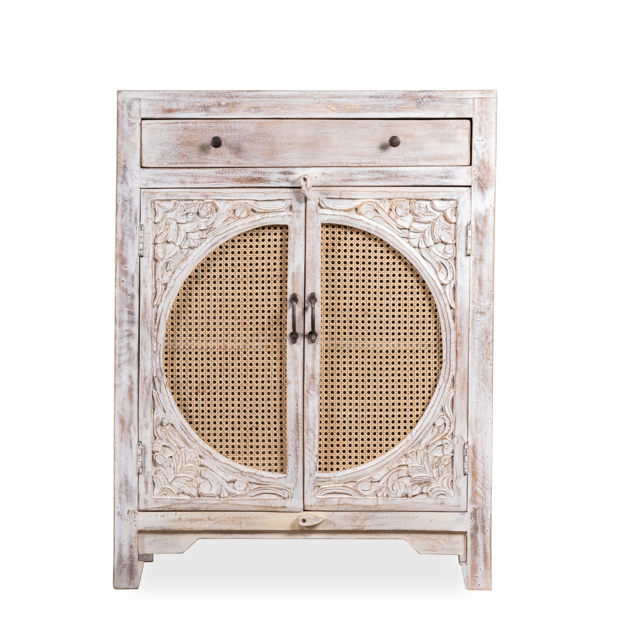 White background image of a white‑washed mango wood cupboard with rattan door panels and hand‑carved Indian ornamentation, 80 × 40 × 104 cm.