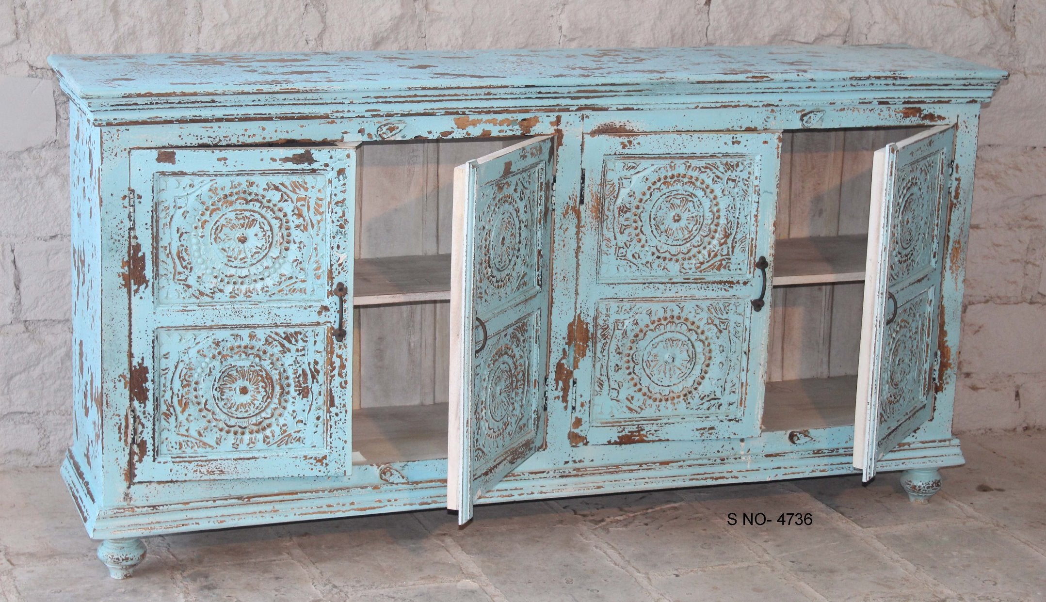 Open door image of a Mandala Blue hand carved mango wood sideboard with floral mandala doors 180cm